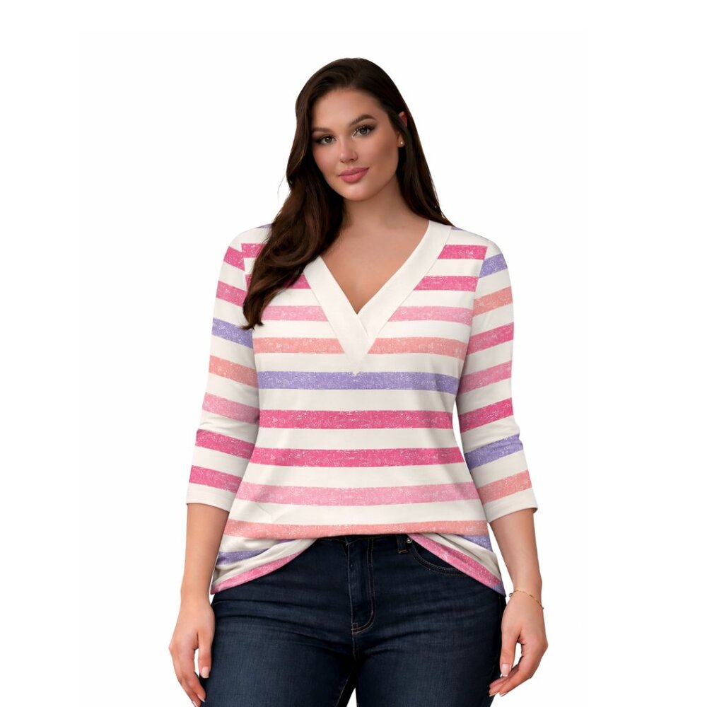 Women’s 3/4 Sleeve V Neck Tops Loose Fit T Shirt, STRIPED PINK, Size MEDIUM